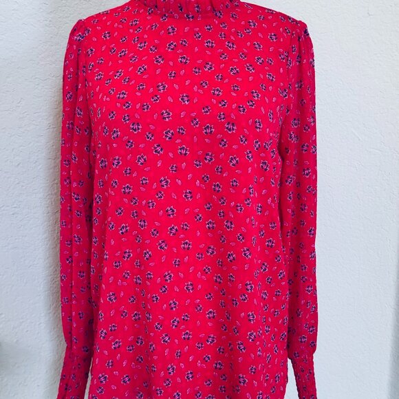Joie S/P Bright Pink Floral Long Sleeve Blouse Smocked Sleeves High Neck - Picture 1 of 8